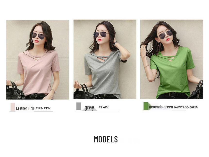 Korean Style V-Neck Black Loose Casual Summer T-Shirt for Women