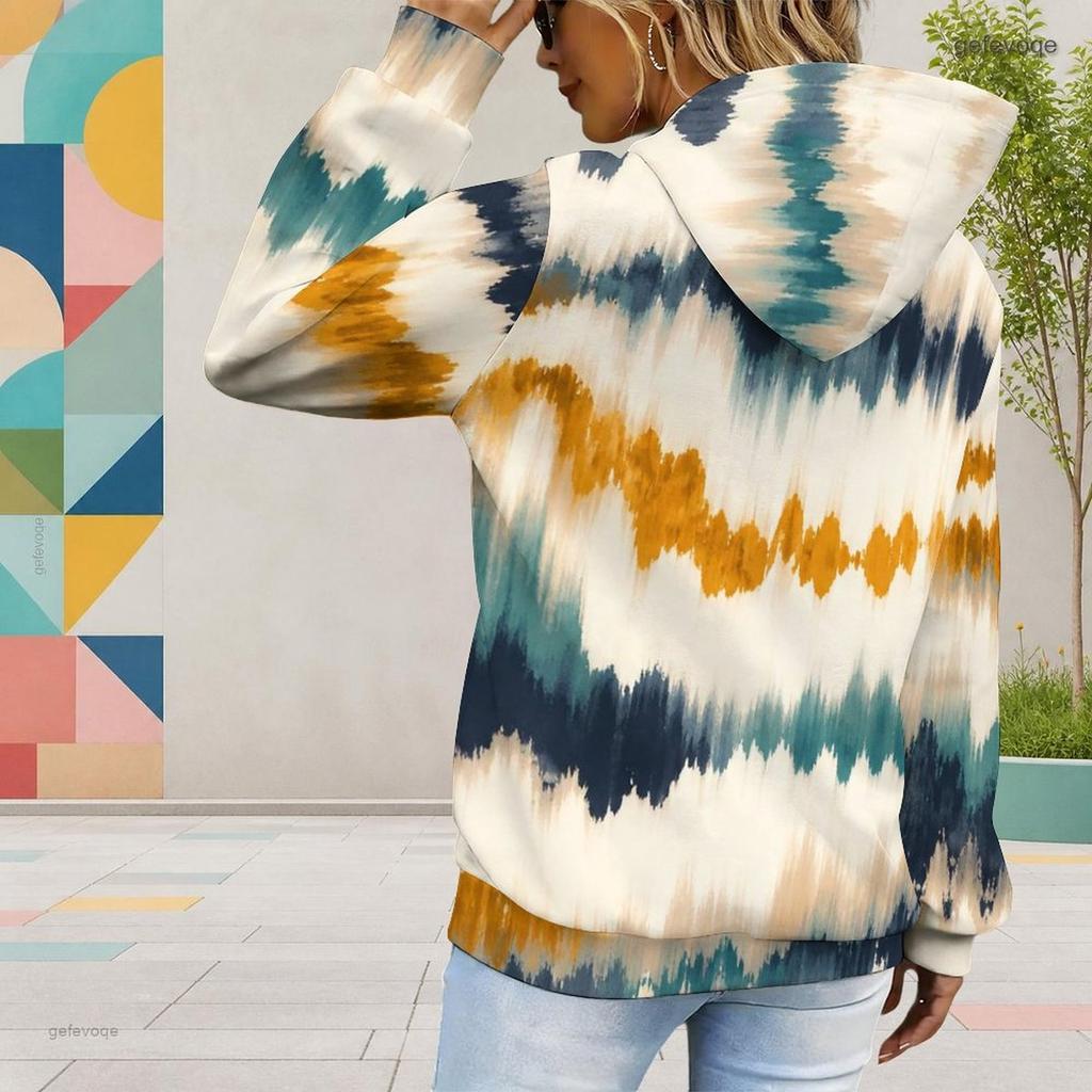 Women Plus Size Navy Blue Printed Long Sleeve Drawstring Hoodie With Kangaroo Pocket