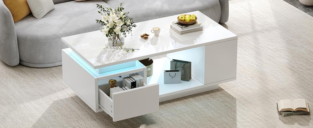 100*50*36cm Couchtisch mit Schublade, LED-Beistelltisch, Wohnzimmertisch mit vier seitlichen Staufächern und einem Aussparungsdesign in der Mitte. Weiß