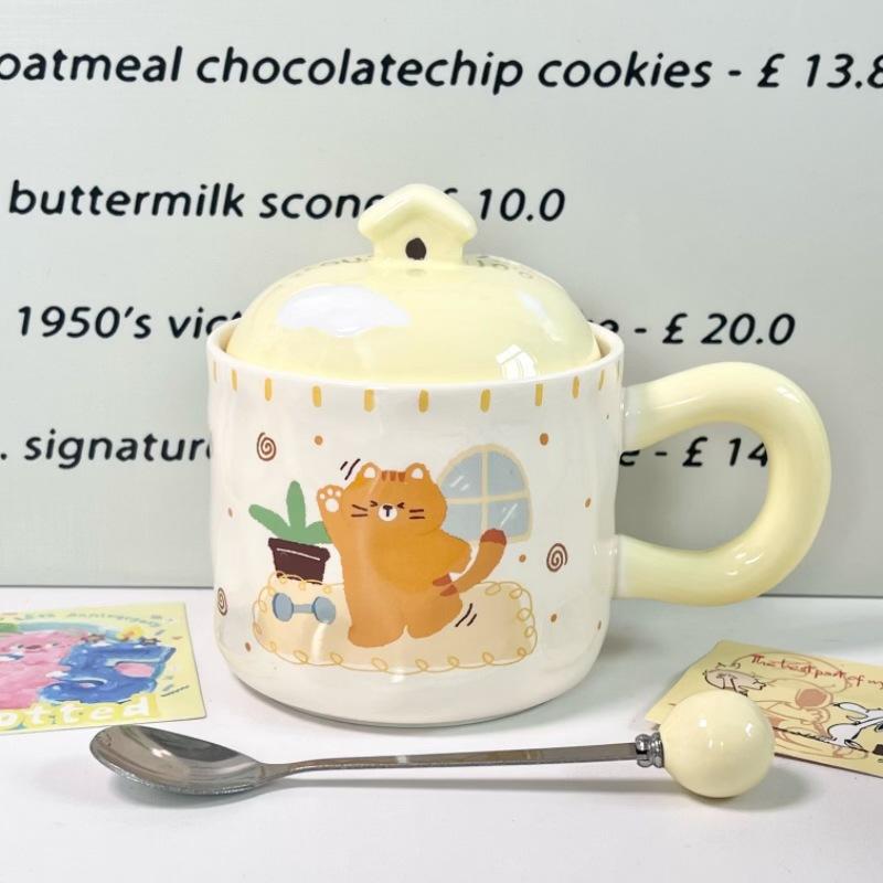 Cupa ceramică pisică drăguță de desene animate cu capac cuplu băiat și fată cană de birou cupă de băut cadou de ziua de naștere