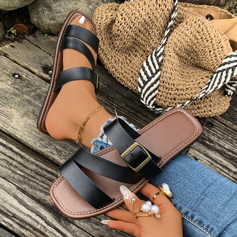 Women's Buckle Flat Slipper Peep Toe Retro Style Beach Sandal