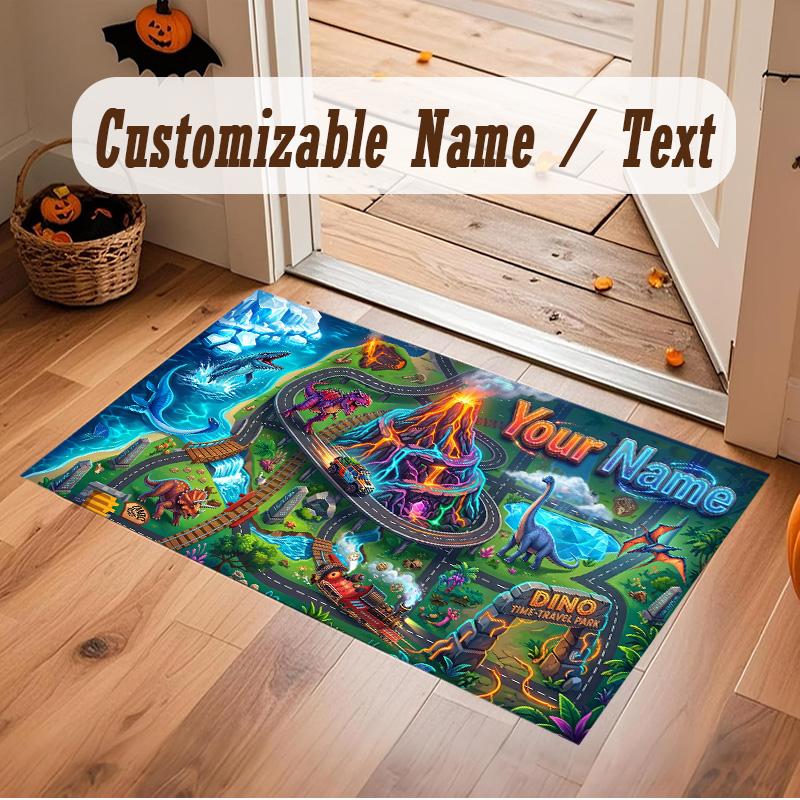 Dinosaur Theme Soft Crystal Velvet Rug Custom Name & Text Print Non Slip Floor Rug for Bedroom Living Room