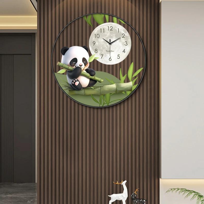 Circular transparent panda wall clock living room dining room decorative painting Creative LED wall light hanging wall clock