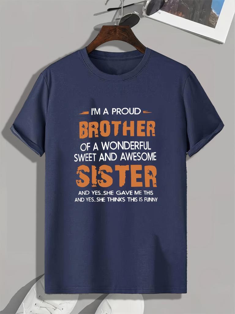 Orange Design Letters BROTHER SISTER Print Mens Fashion Trend Crewneck Tshirt Can Be Worn In Spring