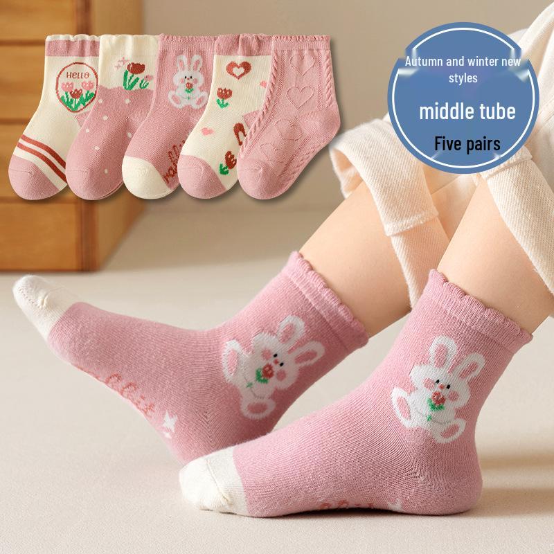 25 Nouvelles Chaussettes en Coton Mi-Mollet Couleur Unie pour Filles Automne/Hiver