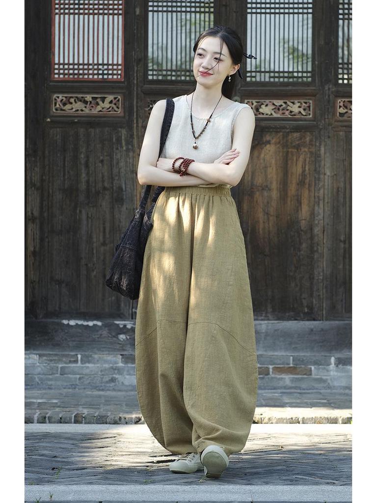 Women's Retro Ramie Sand-Washed Distressed Loose Lantern Pants for Meditation and Tai Chi