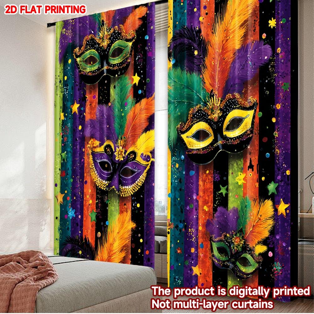 2D flat printing 2pcs Curtain Window Curtains Mardi Gras Masks Feathers Digital Printed Polyester Drapes Party Decorations