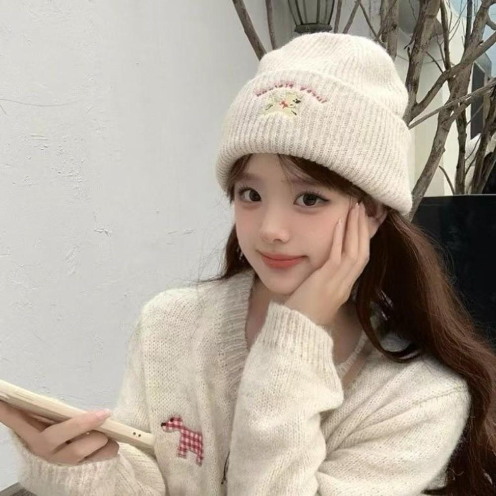 Puppy Embroidery Winter Knitted Hat Winter Warm Crochet Bonnet Hat Cute Beanie Cap