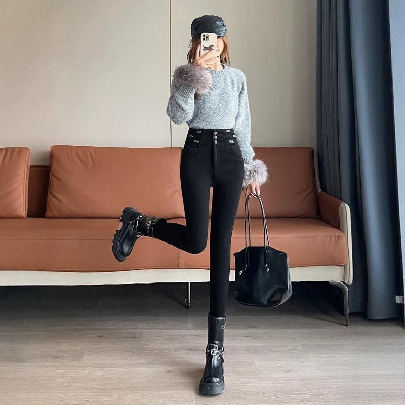 High waist breasted jeans women's pants winter new fleece thickened fashion slim-fitting elastic thin burrs pants
