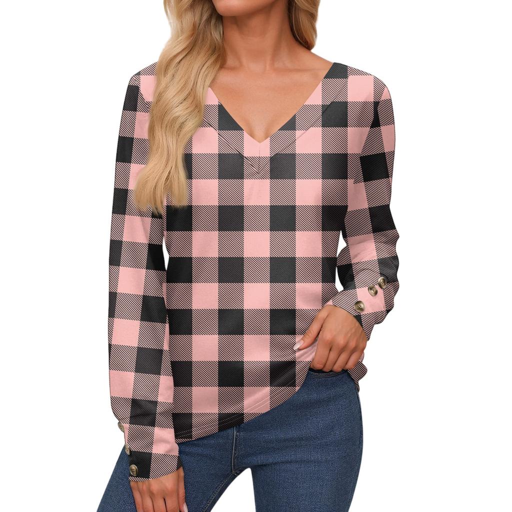 Women's Tops Long Sleeves Cuffs Button Shirt V Neck Casual Loose Tee Plaid, Patchwork Color Tops