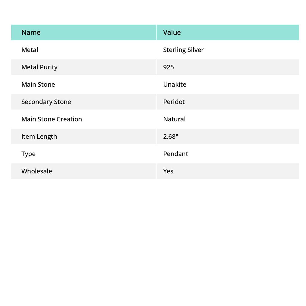 Unakite, Peridot Handmade 925 Sterling Silver Jewelry Pendant 2.68" P1j44