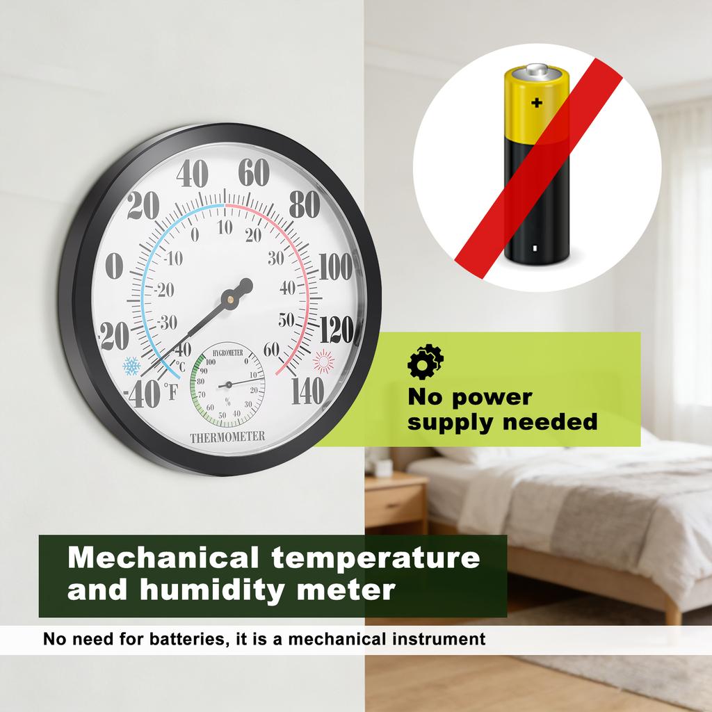 10" Thermometer Hygrometer Round Black Wall Mount Temperature and Humidity Monitor Outdoor Thermometer Hygrometer for Patio Home