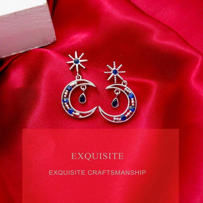 Premium Earrings Unique Blue Zircon Star And Moon Stud Earrings Women S Cold Wind French Retro Earrings 925 silver
