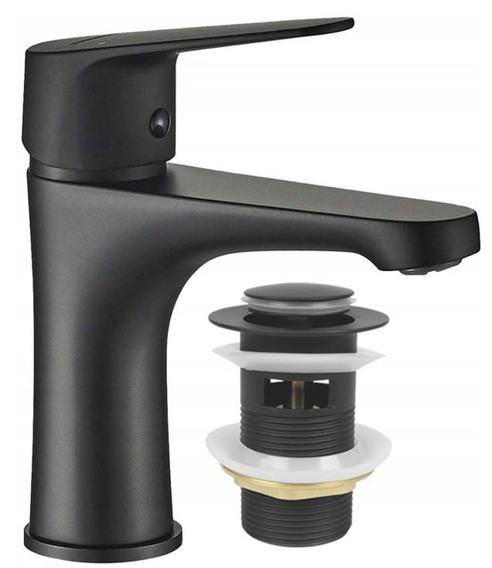 Craft oak bathroom cabinet with a 50 cm washbasin with a black tap and Mea siphon