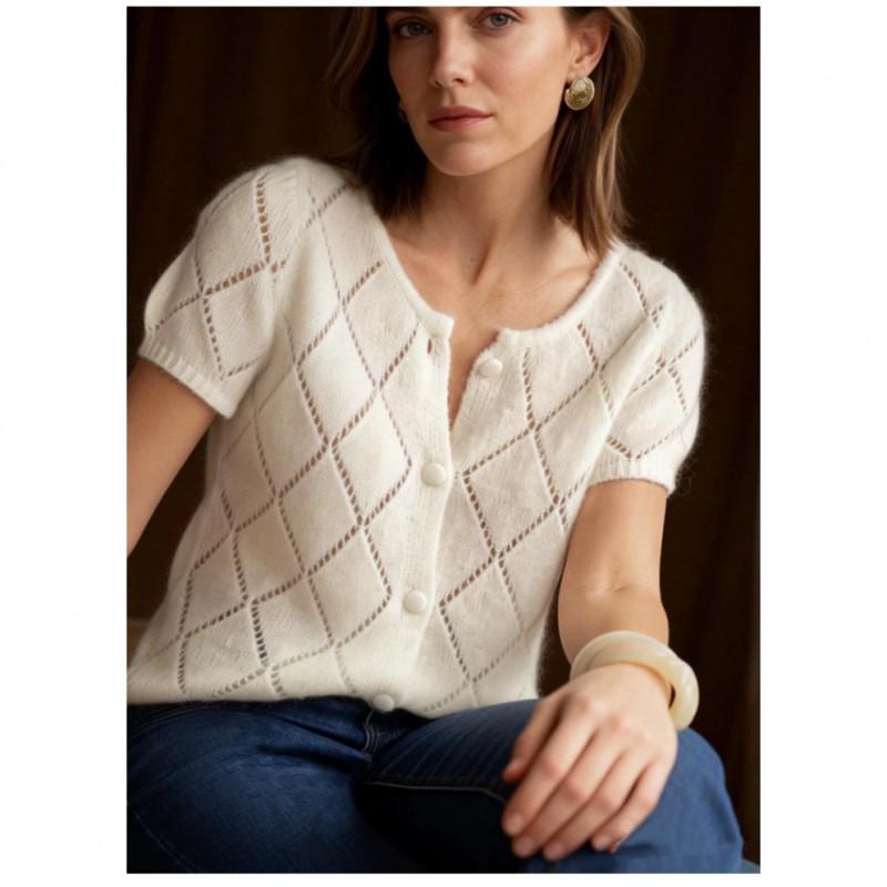 Womens Lightweight Knit Cardigan With Geometric Cutout Round Neck Single-Breasted Button Front Slim Fit Office