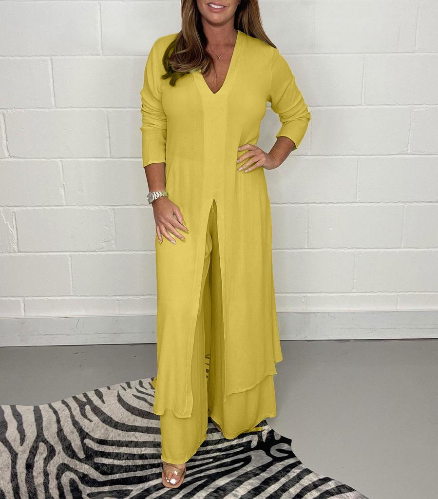 Women's V-Neck Long-Sleeve Slit Top with Wide-Leg Pants - Summer Solid Color Set