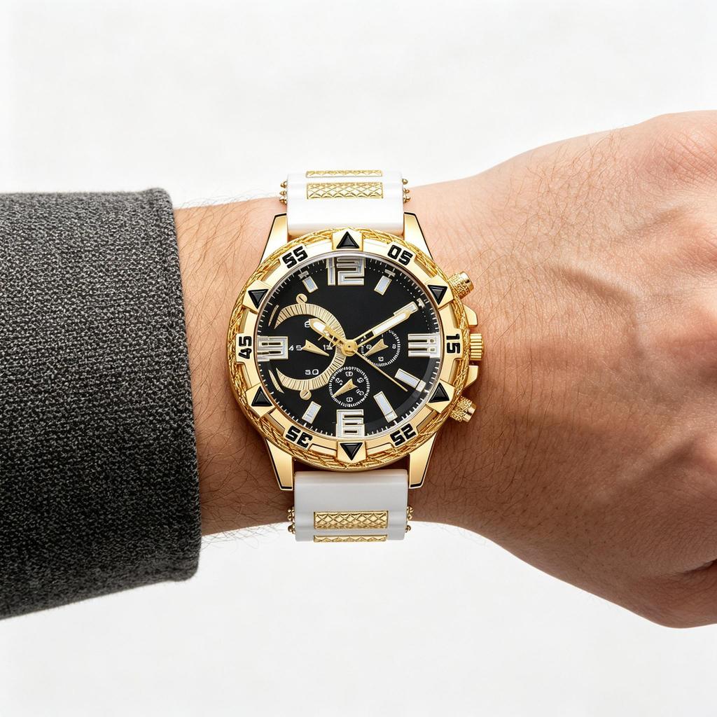 Fake Three-Eye Sports Wind Silicone Strap Big Gold Watch Multi-Color Fashion Business Versatile Men'S Quartz Watch