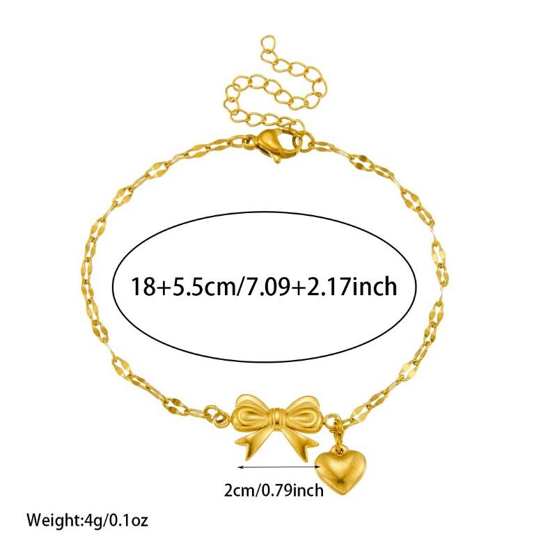 Gold Bow and Heart Charm Link Bracelet for Women