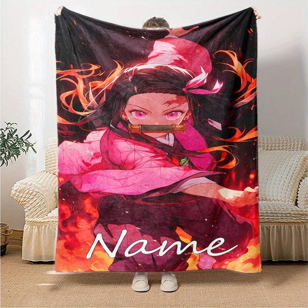 Customiz Name Personality Demon Slayer Nezuko Blanket Soft &Warm Sofa Office Bed Travel Lunch Break Blanket, Gift Suitable All Seasons