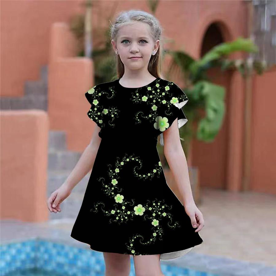 

Платья с цветочным принтом для девочек, детское праздничное платье для девочек, свободное облегание, свободная юбка с короткими рукавами для девочек старше четырех лет 110 зелёный