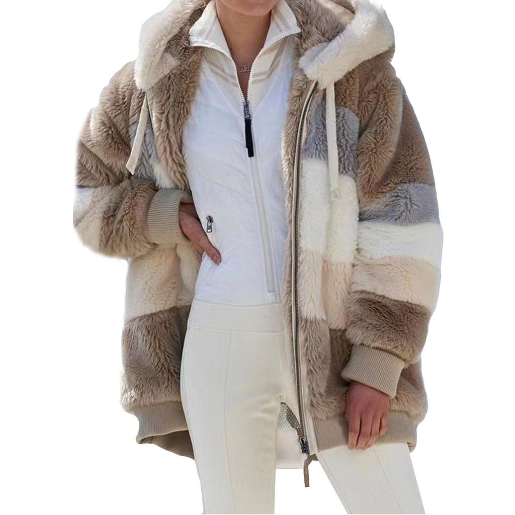 Womens Fashion Splicing Winter Loose Plush Long Sleeve Zipper Pocket Hooded Coat