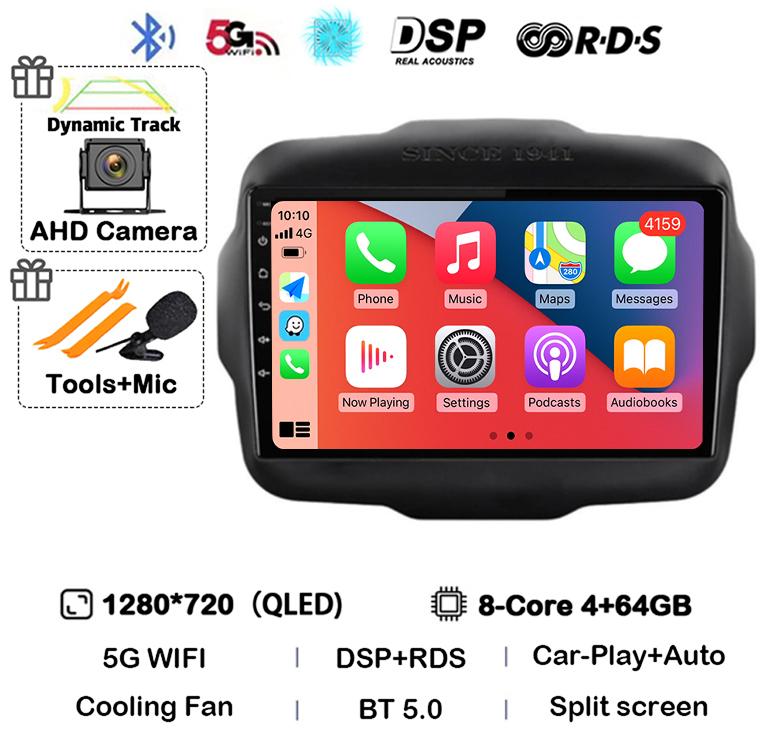 Android 14 Auto Carplay WIFI+4G LTE Car Radio For Jeep Renegade 2016 2017 2018 2019 2020 Multimedia Player GPS Stereo 360 Camera