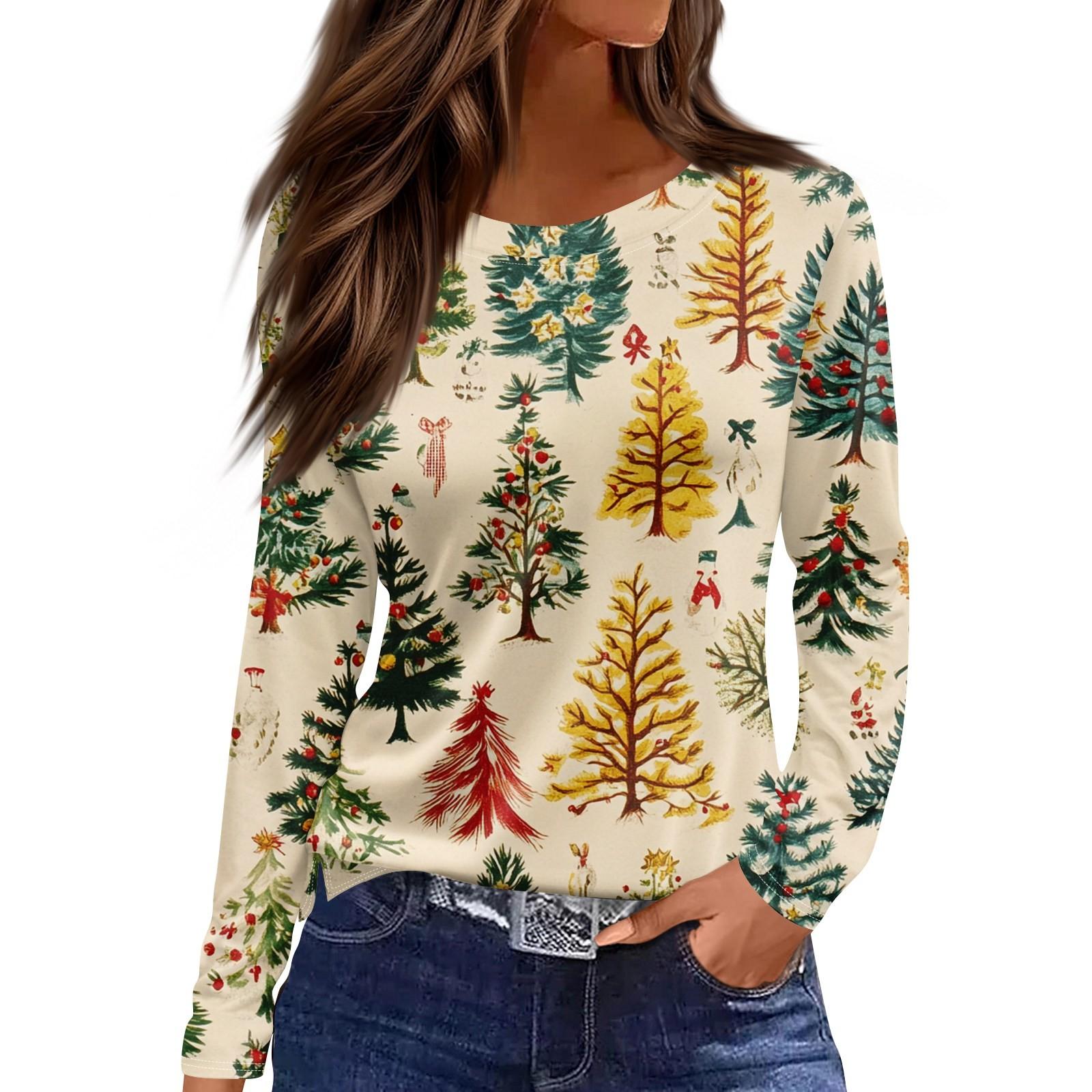 

Женская модная повседневная футболка с разрезом и круглым вырезом, длинным рукавом, с рождественским принтом L