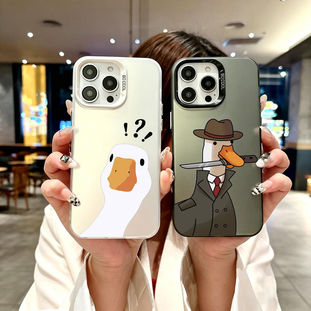 Color Phone Case For iPhone 17 16E 16 11 15 14 Pro MAX 12 13 MINI 7 8 Plus XR SE Silver Plated IMD Cover Cartoon Doubt Duck