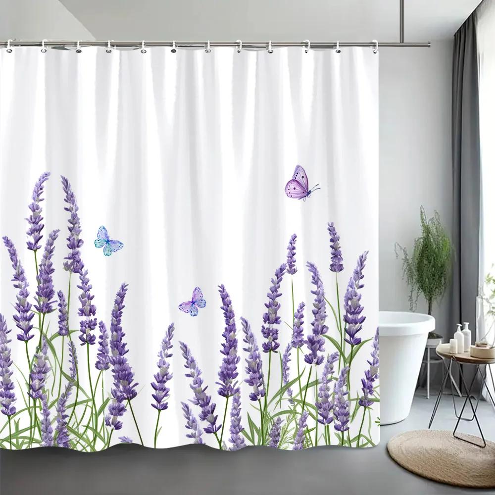 Lavender Shower Curtain Watercolour Art Painting Creative Polyester Bath Curtains Bathroom Decor With Hooks Bathroom Accessories