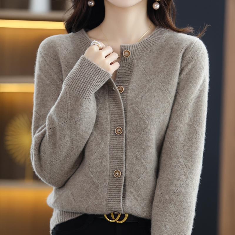 2025 Retro Diamond Lattice Knit Cardigan - Solid Color, Autumn/Winter, Round Neck
