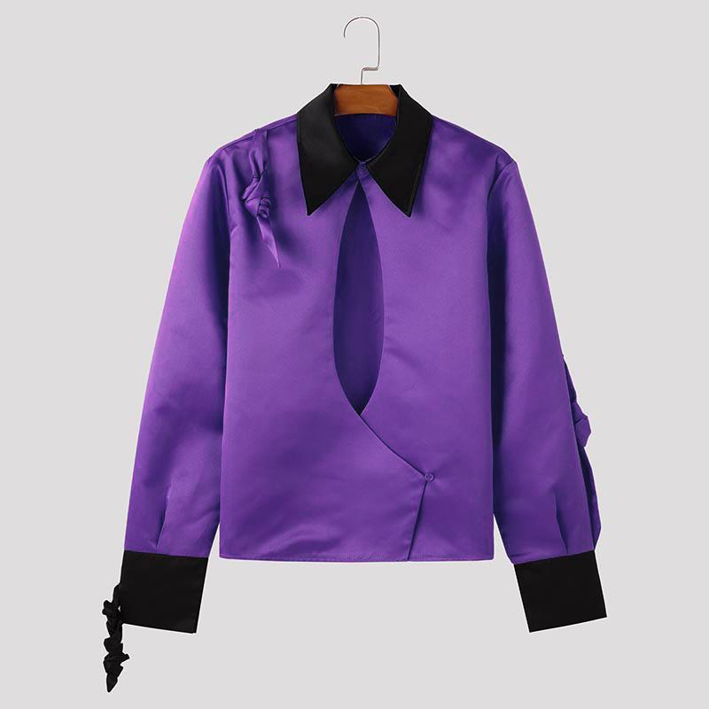 

INCERUN Мужские рубашки с длинным рукавом и лацканами из сатина, однотонные, с повязкой спереди, с крестообразным вырезом 5XL фиолетовый