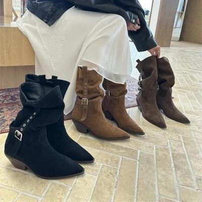 Französischer Stil Kniehohe Stiefel Damen Spitzschuh Mittelhoher Absatz Stiefel Herbst Winter 2025 Neuankömmling Gürtelschnallendesign