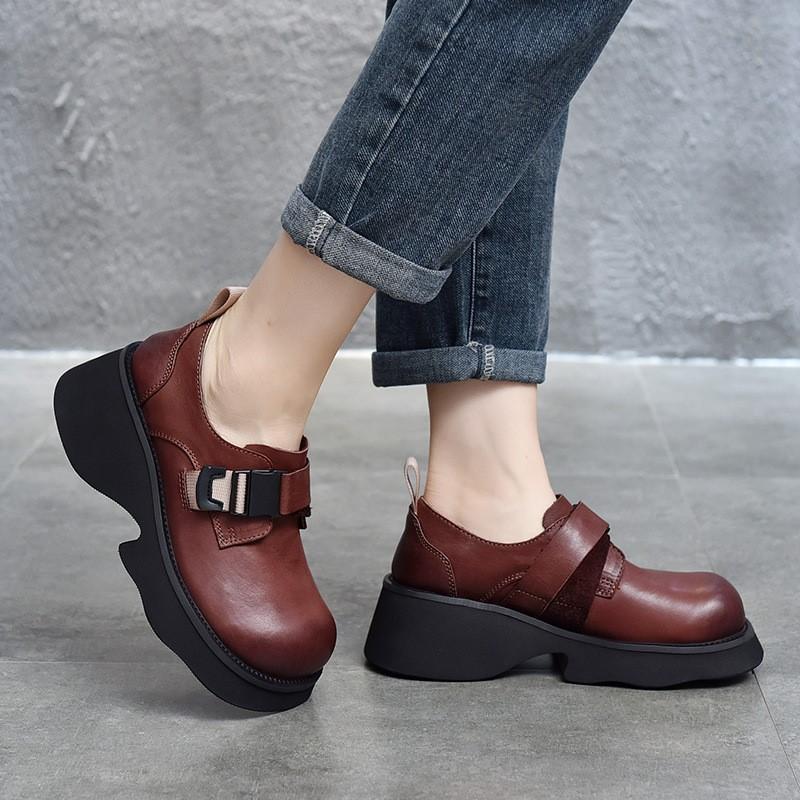 Johnature Dicke Sohlen-Pumps, leicht, echtes Leder, vielseitige Retro-Damen-Plateauschuhe mit runder Zehenpartie