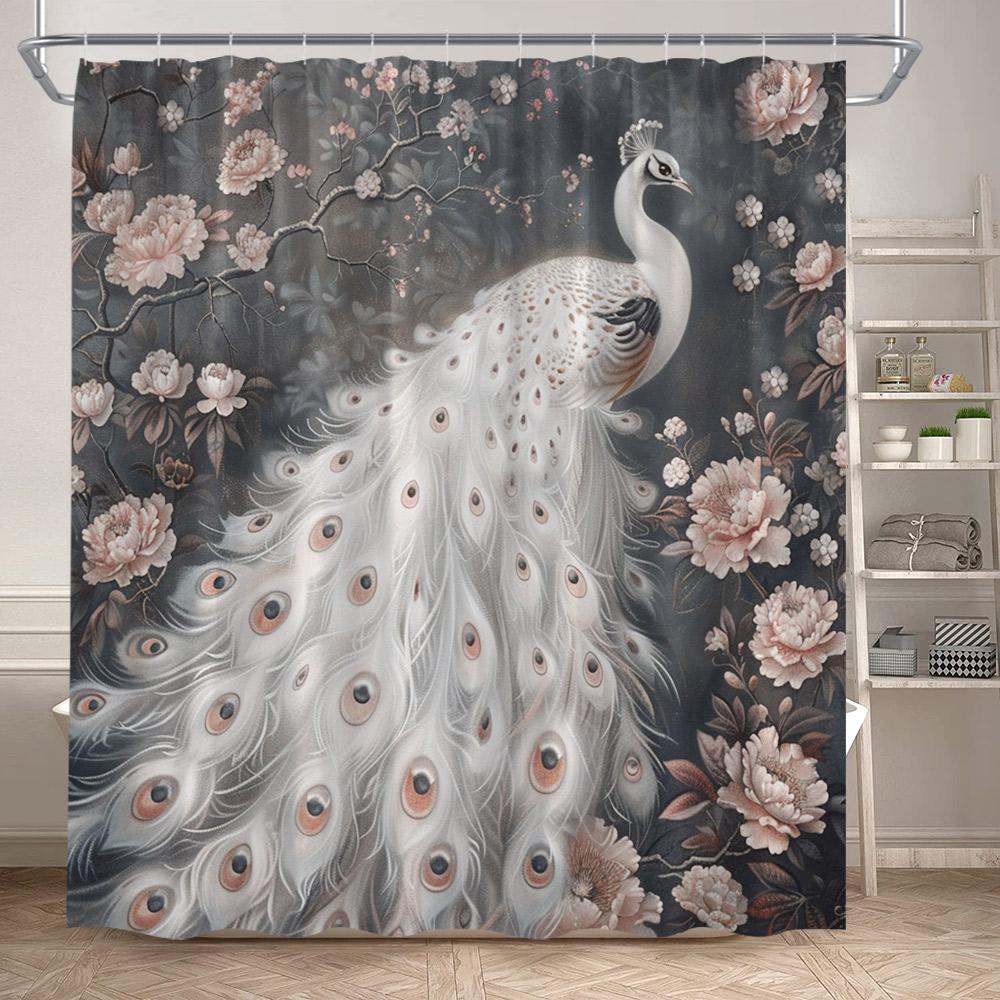 Blue Peacocks Shower Curtains Forest Trees Plants Flowers Waterfall Scenery Polyester Fabric Bathroom Curtain Decor With Hooks