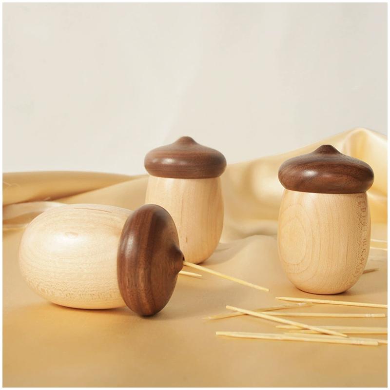 Walnut Solid Wood Toothpick Container Household Creative Cute Cartoon Acorn Toothpick Jar Portable Simple Toothpick Storage Box