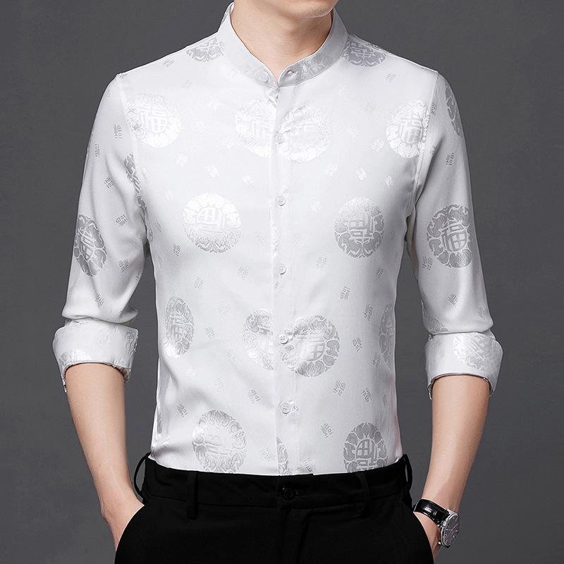 

Новая рубашка с воротником-стойкой, мужская, с длинным рукавом, для людей среднего и пожилого возраста, повседневная, с тонким воротником-стойкой, в стиле ретро Tangzhuang XXXXL