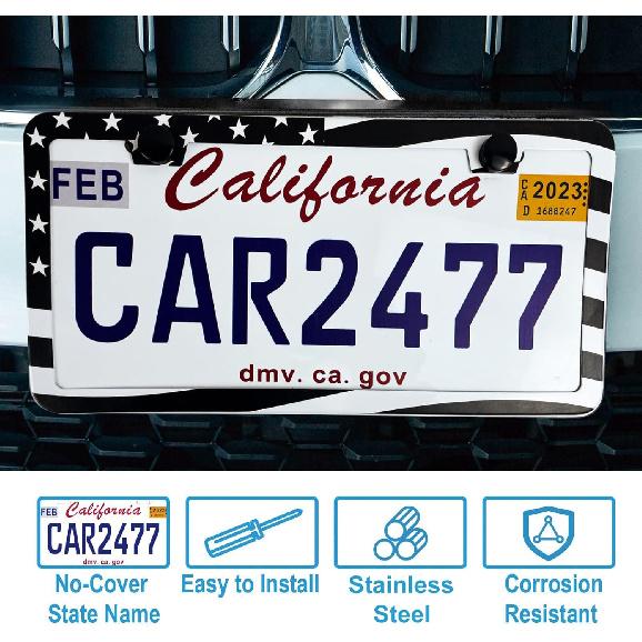 2PCS Premium American Flag License Plate Frame, Black License Plate Frames, 2 Holes Solid Stainless Steel License Plate Holder, Universal Car License