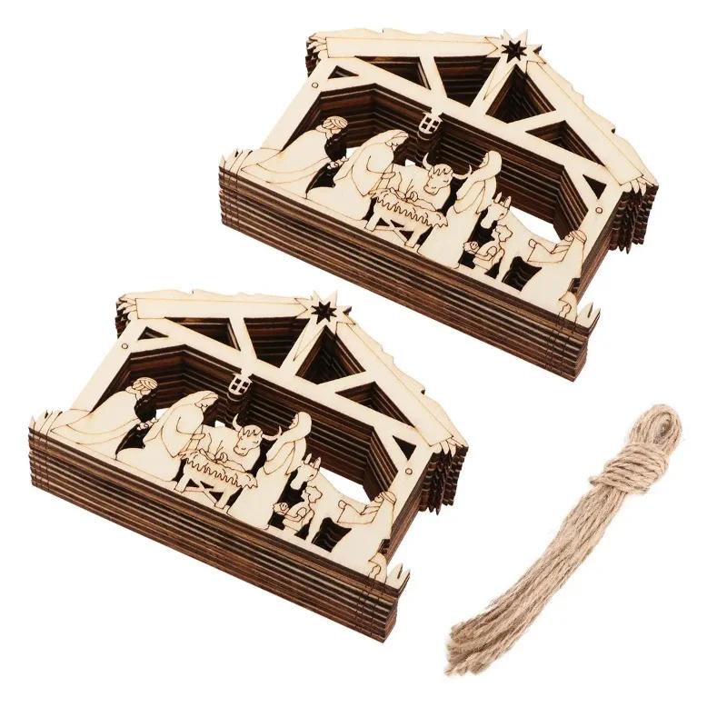 A Top Quality Jesus Manger Wooden Hanging Pendants House Shape Christmas Tree Decorations Religious Wood Gifts for Home Cafe