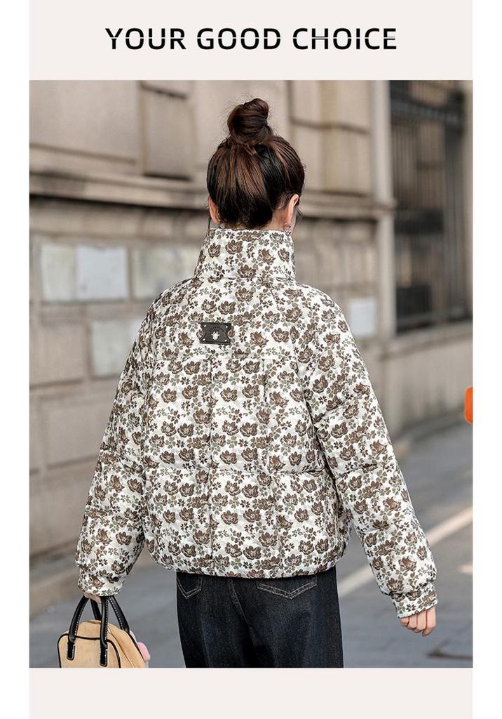 Women's Printed Cotton Padded Jacket, Stand Collar, Thickened Loose Fit, Short, Winter 2026, Small Floral Retro Style.