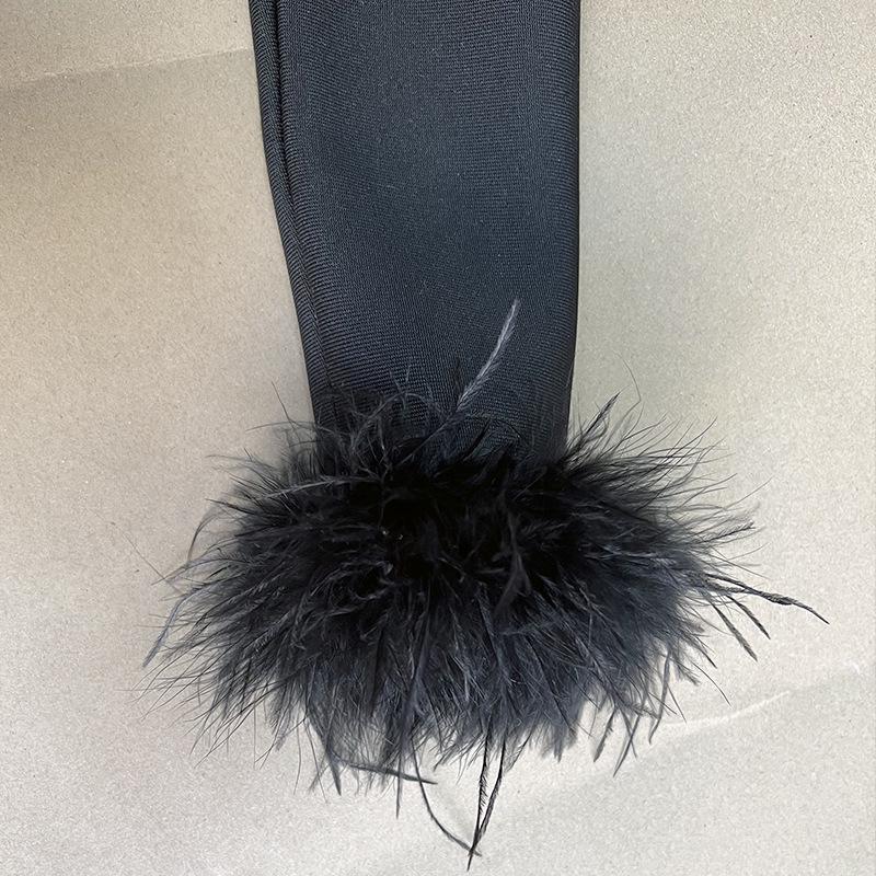 Neues Feder Langarm Europäische und Amerikanische Mode Bandage Abendkleid