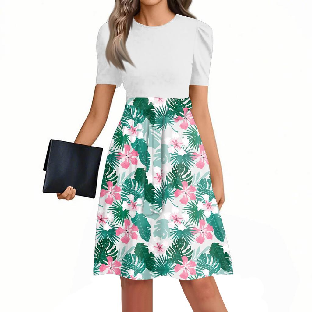 Women Casual Waist Tie Dress Short Sleeve Round Neck Floral Print Patchwork A-Line Summer Dress