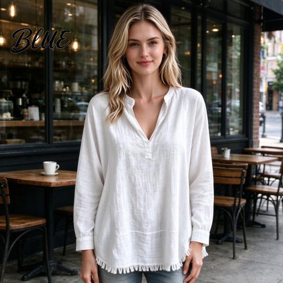 Layered Blouse Women Loose Fit V-Neck Blouse Solid Color Long Sleeve Tassel Hem Daily Wear Shirt Casual Fringe Trim Tops for Business Commuting