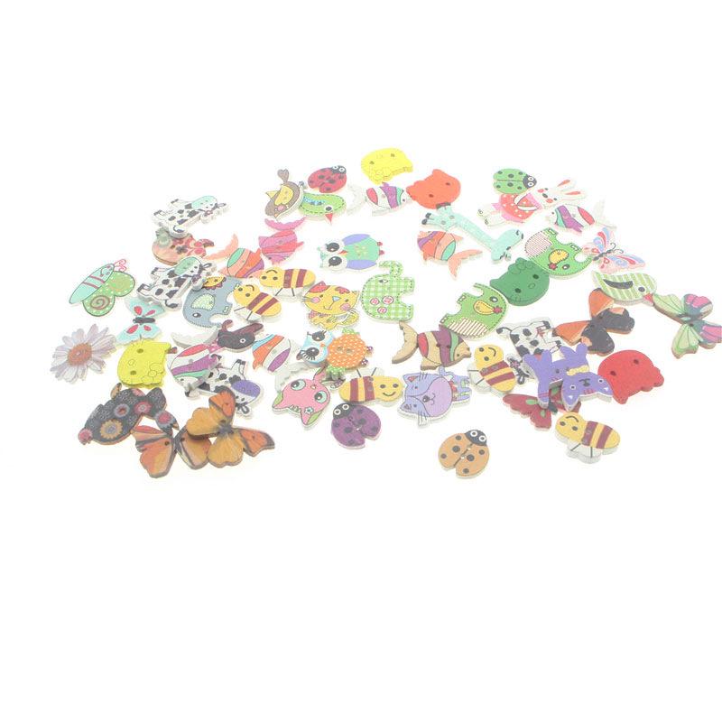 Pack of 50 Cartoon Animal Wooden Buttons, Mixed Styles, 2-Hole