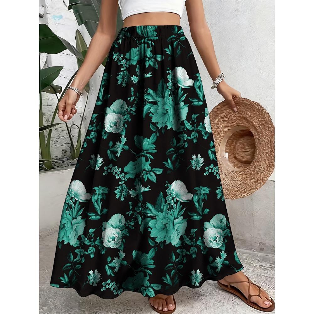 Plus Size, Elegant Floral Print Polyester Skirt - Casual A-Line, Non-Stretch Fabric, with Elastic Waistband and Ruffled Hem