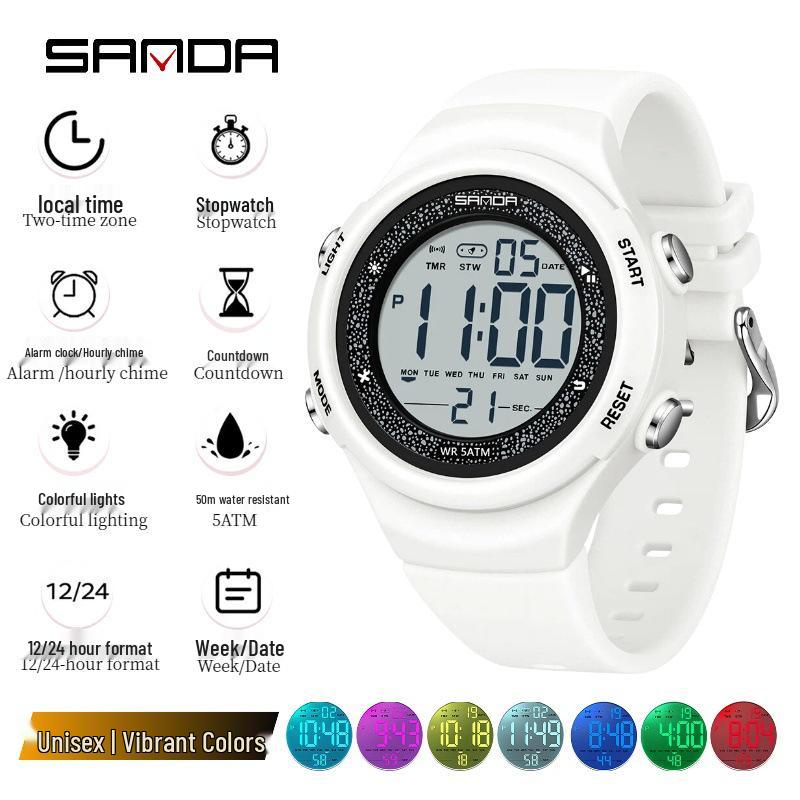 Sanda Multi-Function Waterproof Sport Watch with Alarm & Seven-Color Luminous Display