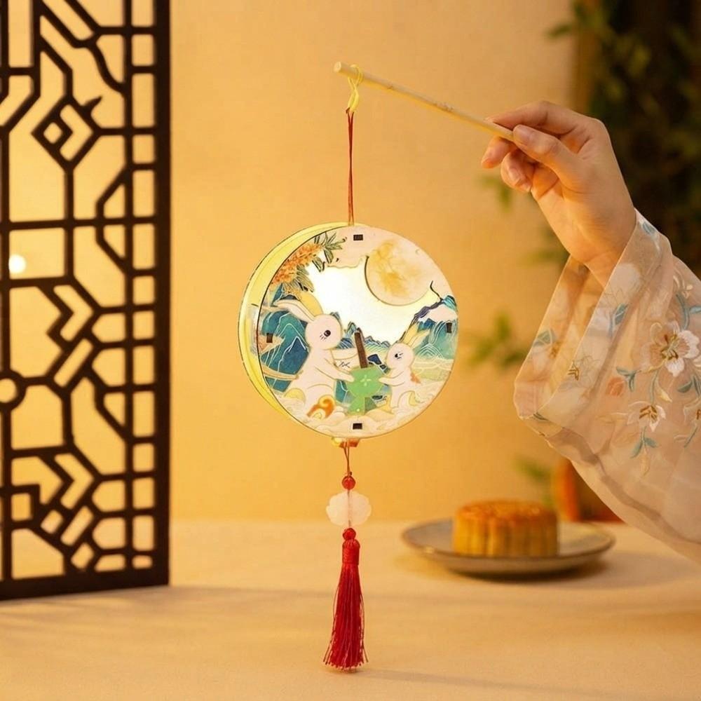 Shadow Box Style Moon Goddess Lantern Translucent Warm Backlight Paper Cut Shadow Lamp Cell Battery Operated Circular Wood
