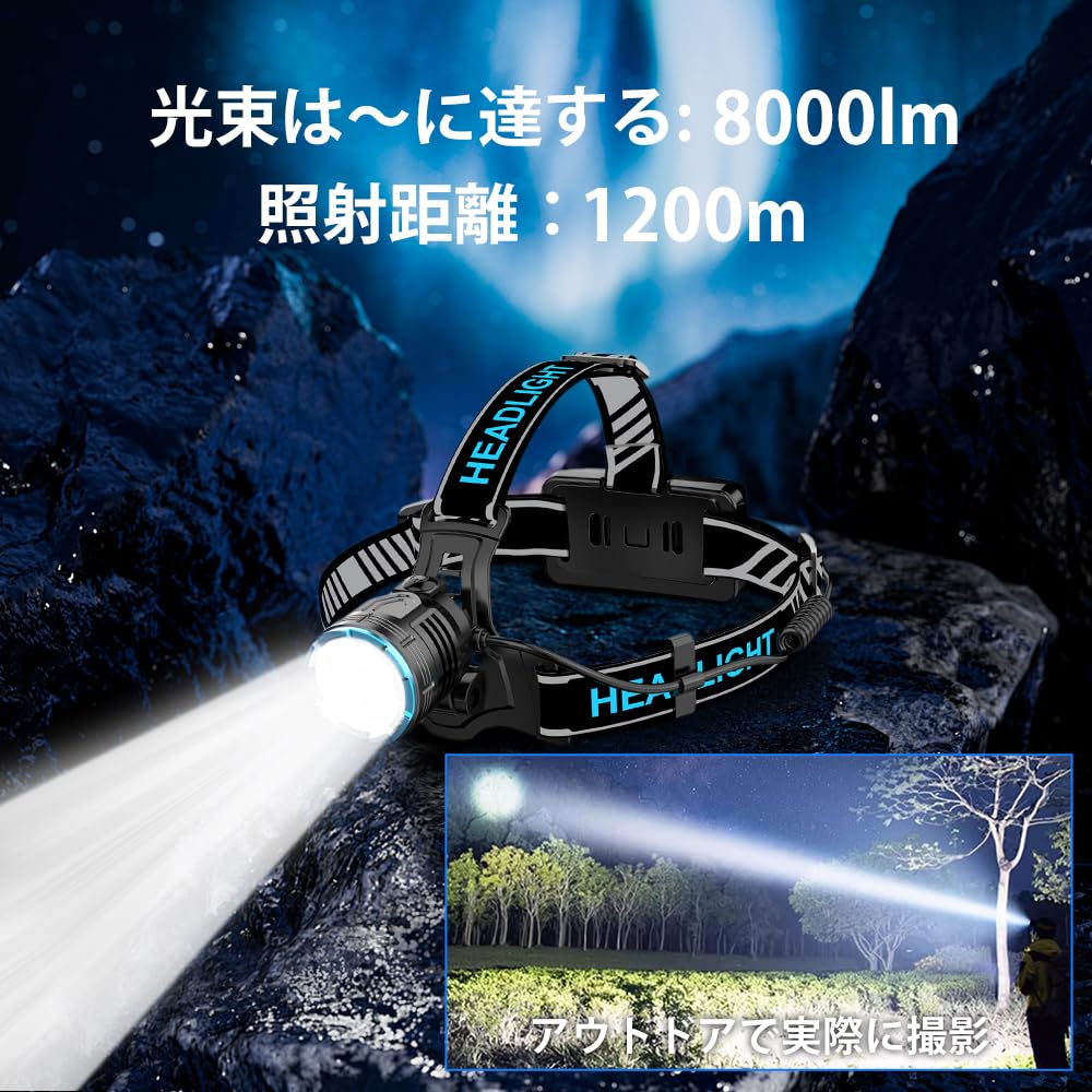 Rechargeable LED 8000 7 6 Lighting Battery Angle Waterproof and 9600mAh High Ideal for Night Outdoor and Power Headlight, 12-hour Runtime, Lumens,