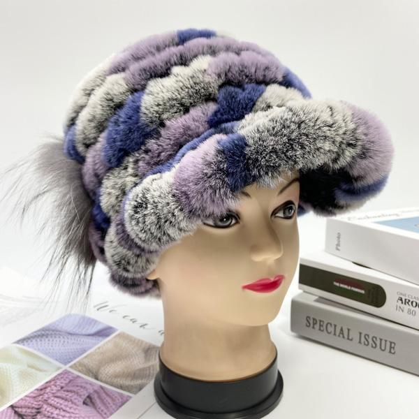 Winter Rabbit Fur Caps for Women Fox Fur Floral Natural Rex Fur Hats Elastic Beanies Warm Fashion Ladies Snow Hat LQ11205