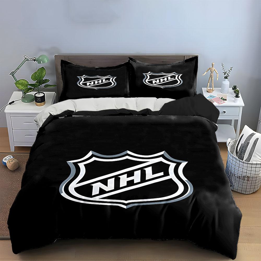 NHL Logo Black and White Design Print Bedding Set Duvet Cover Pillowcases (1* Duvet Cover 2* Pillowcases Do Not Include Comforter)