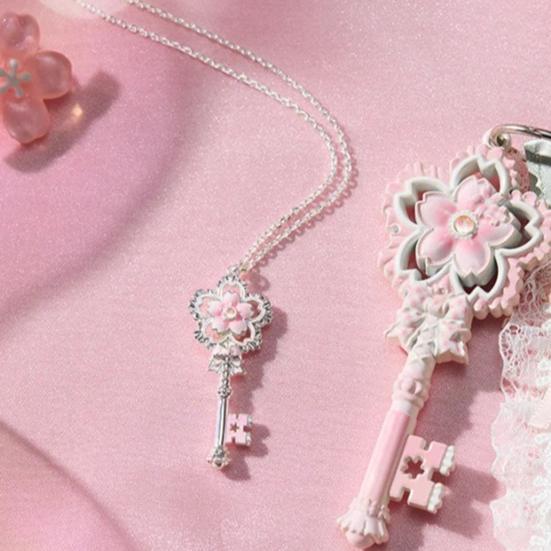 Cherry Blossom Key Necklace Pendant Pink Enamel Alloy Choker Romantic Jewelry Gift for Women Girlfriend Mom